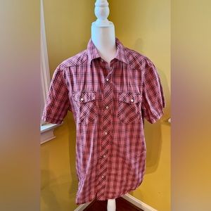 BANANA REPUBLIC men’s red plaid pearl snap short sleeve shirt L